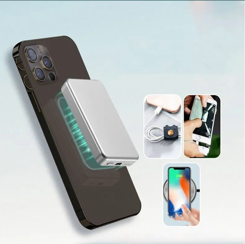 Silver aluminium Apple magnetic wireless power bank showing USB-C port and compact size.