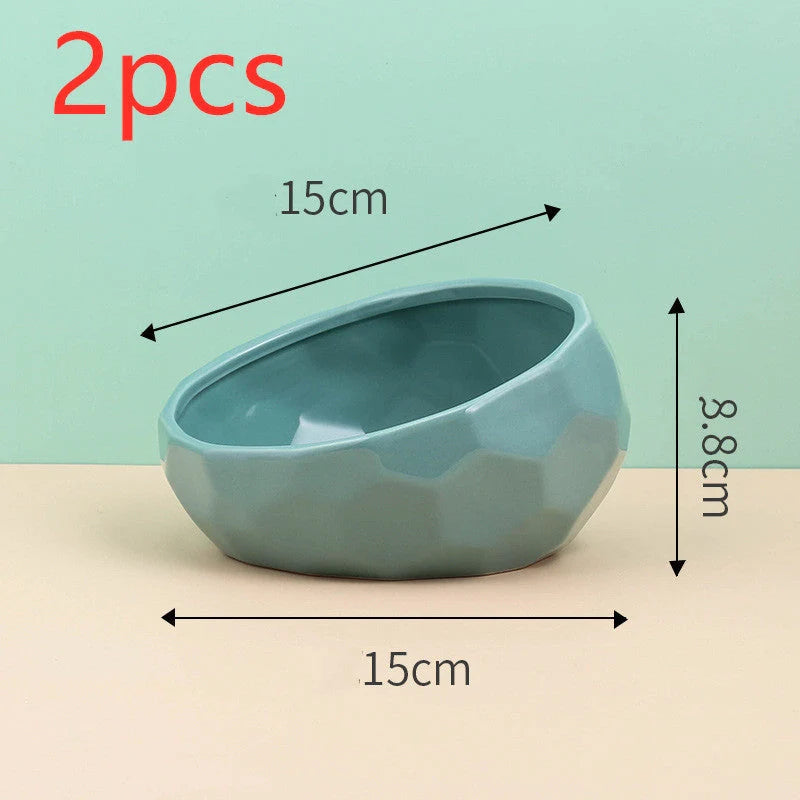 Ceramic pet bowl with oblique mouth design for cats and dogs, available in multiple colours