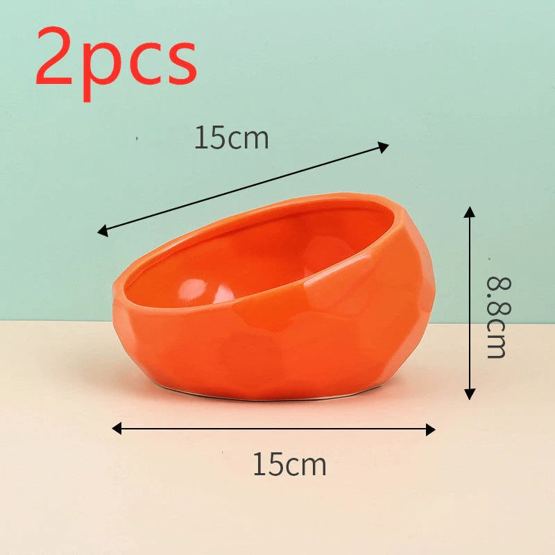 Ceramic pet bowl with oblique mouth design for cats and dogs, available in multiple colours