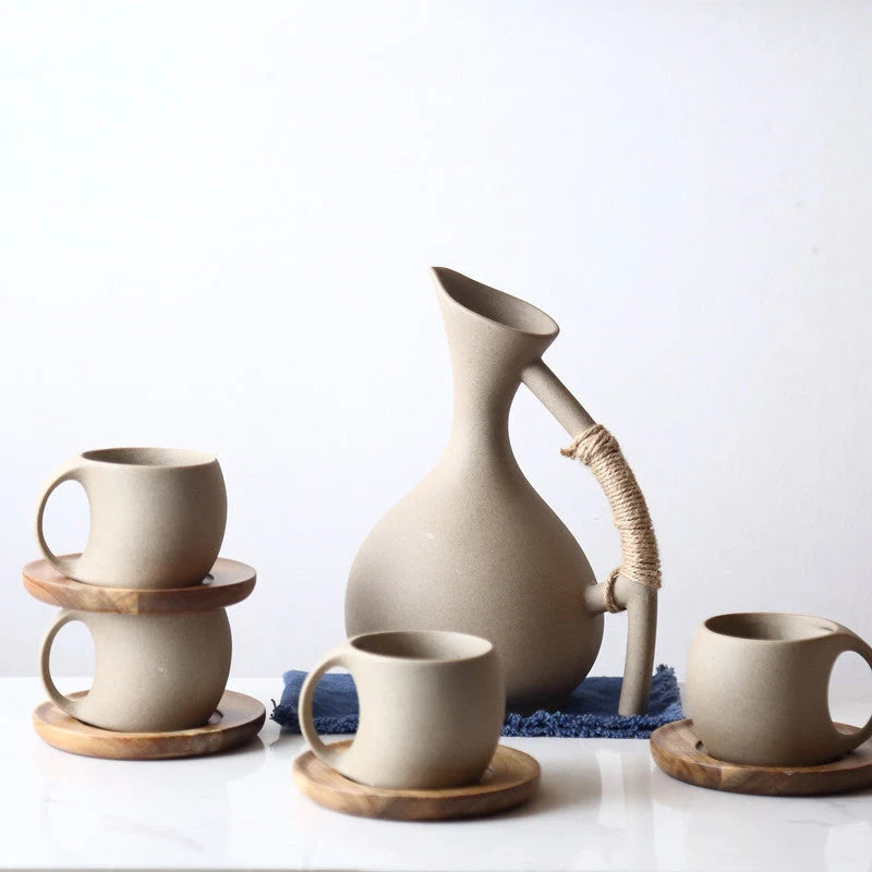 Healthy Pottery Cold Kettle Set with ceramic pot and bamboo tray