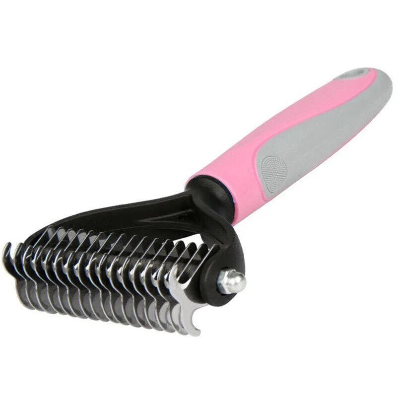 Dual-sided pet grooming brush in blue and pink for effective deshedding and dematting