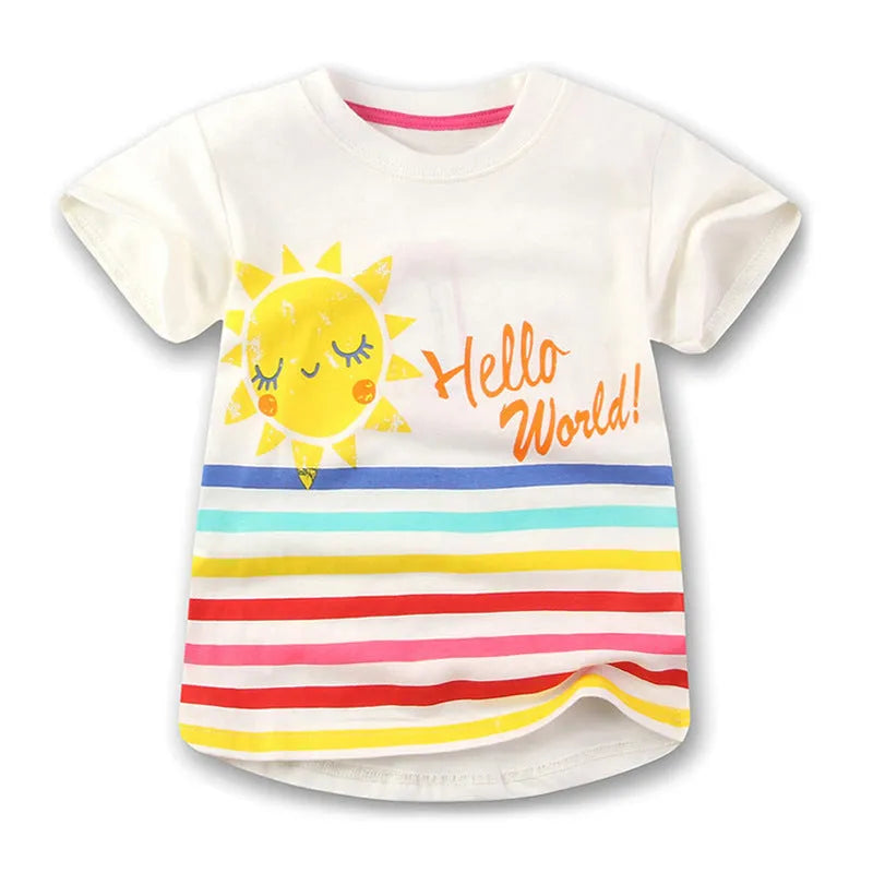 Girls' cotton short-sleeved T-shirt with cartoon print, round collar, 100% cotton, sizes 90-140 cm