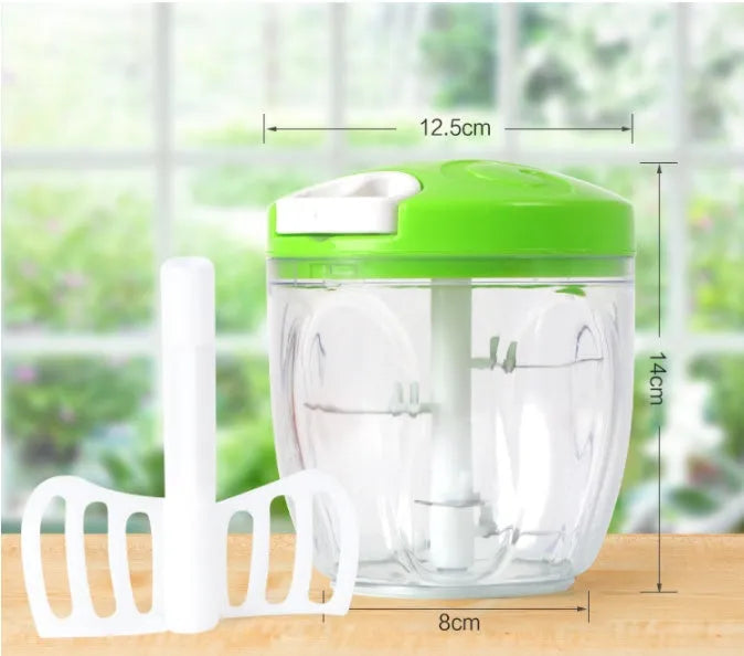 Green manual kitchen chopper and meat grinder with three stainless steel blades and 500ml capacity
