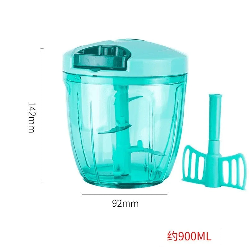 Green manual kitchen chopper and meat grinder with three stainless steel blades and 500ml capacity