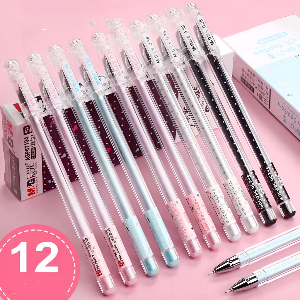Cartoon syringe pens in black, blue, and pink colours with medical-themed design for student stationery