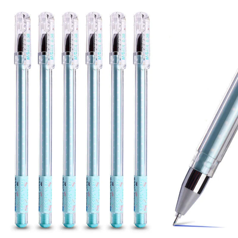 Cartoon syringe pens in black, blue, and pink colours with medical-themed design for student stationery