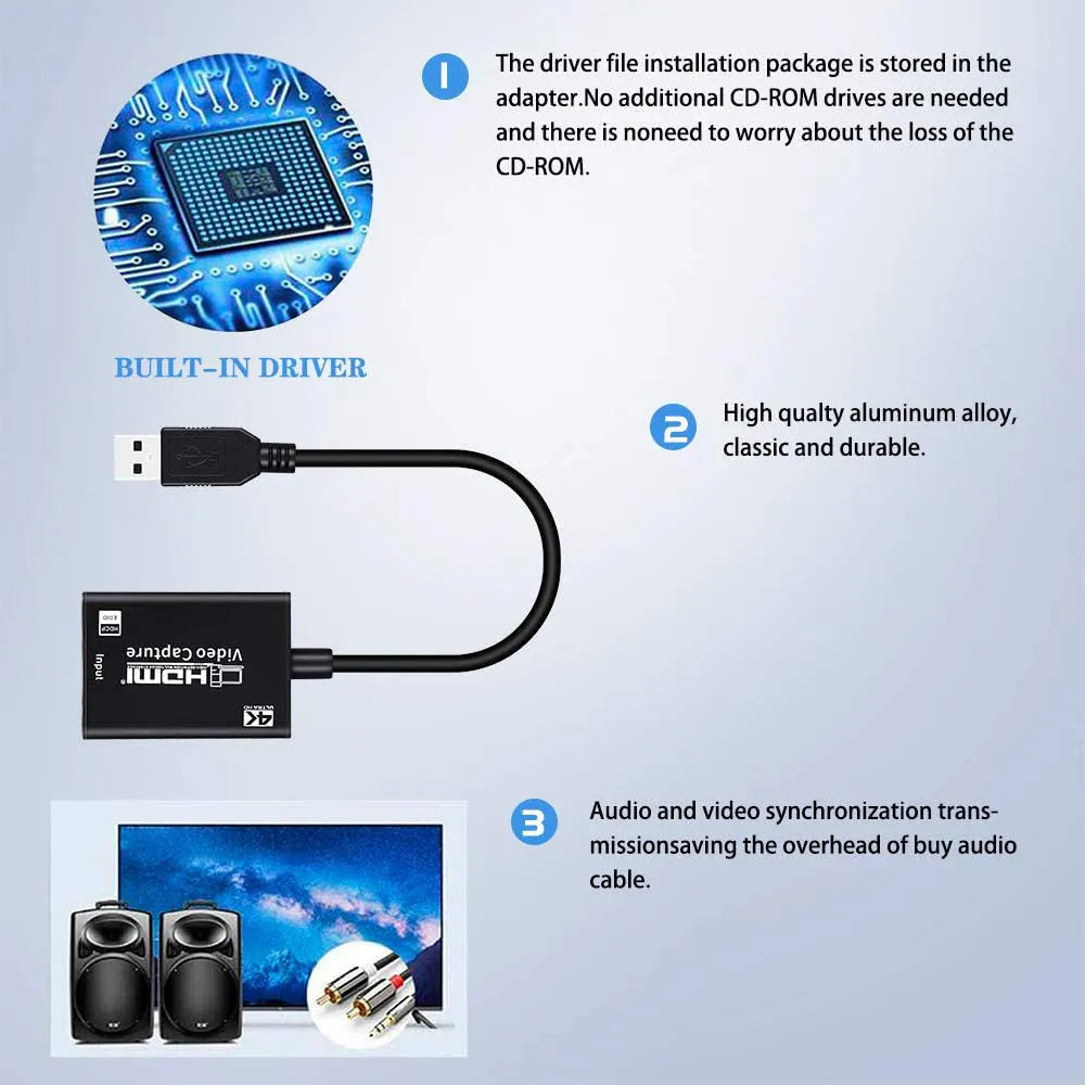 Black HDMI capture card with USB output for 1080P video capture and live broadcast