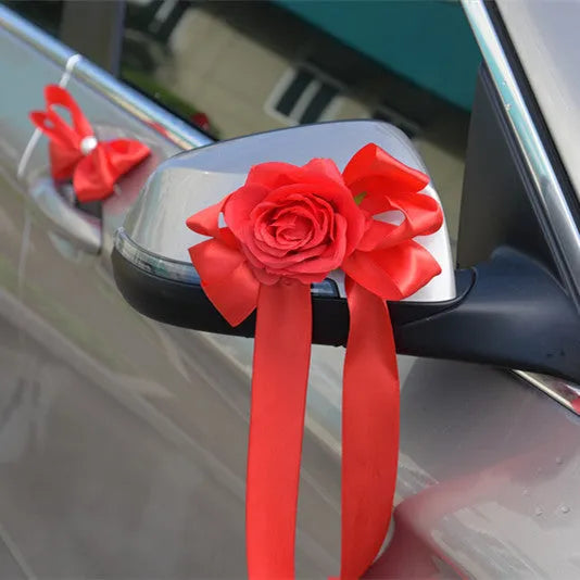 Bear rose rear view mirror wedding car decoration in pink artificial flowers with 50 cm size