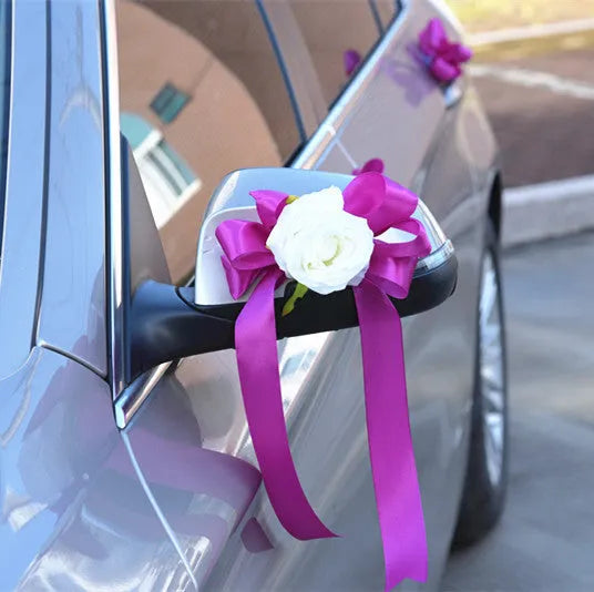 Bear rose rear view mirror wedding car decoration in pink artificial flowers with 50 cm size