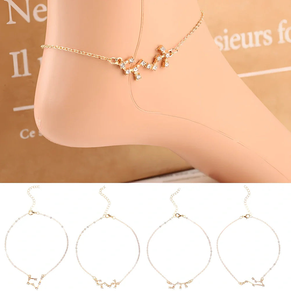 Golden alloy anklet with Aquarius constellation charm, adjustable 20-25cm length, electroplated finish for zodiac accessory