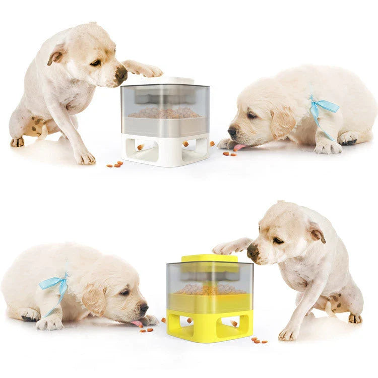 Interactive dog food feeder with anti-slip base in white and yellow