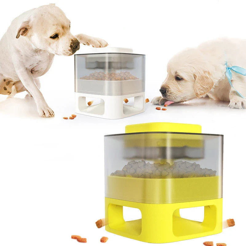 Interactive dog food feeder with anti-slip base in white and yellow