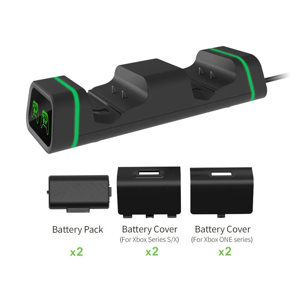 Xbox dual charging station with two controllers on ABS base, black colour, with Micro USB cable and battery packs