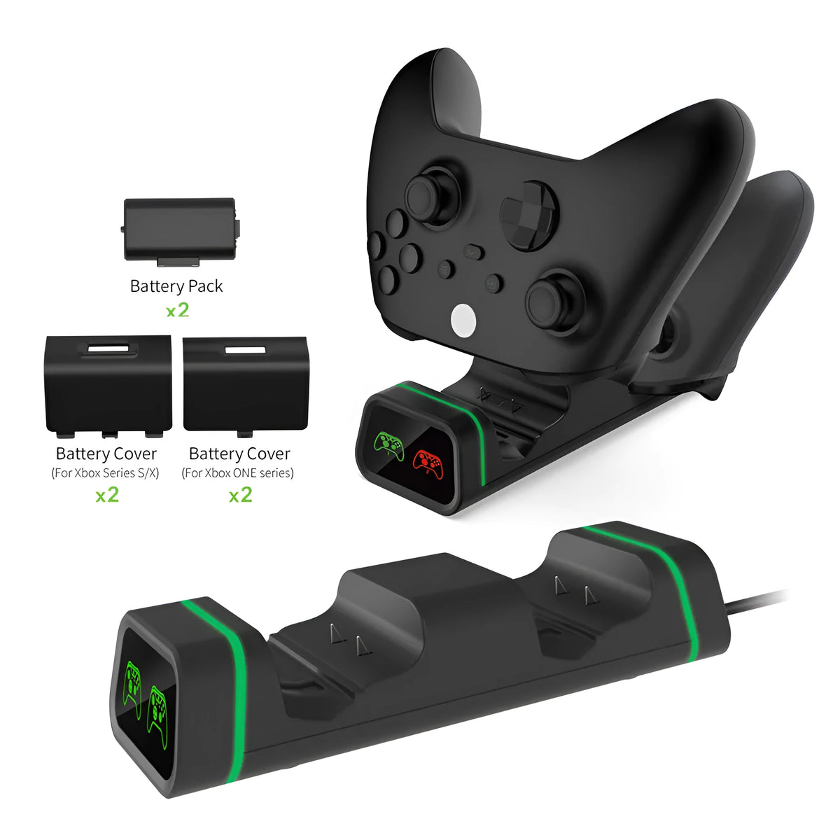 Xbox dual charging station with two controllers on ABS base, black colour, with Micro USB cable and battery packs