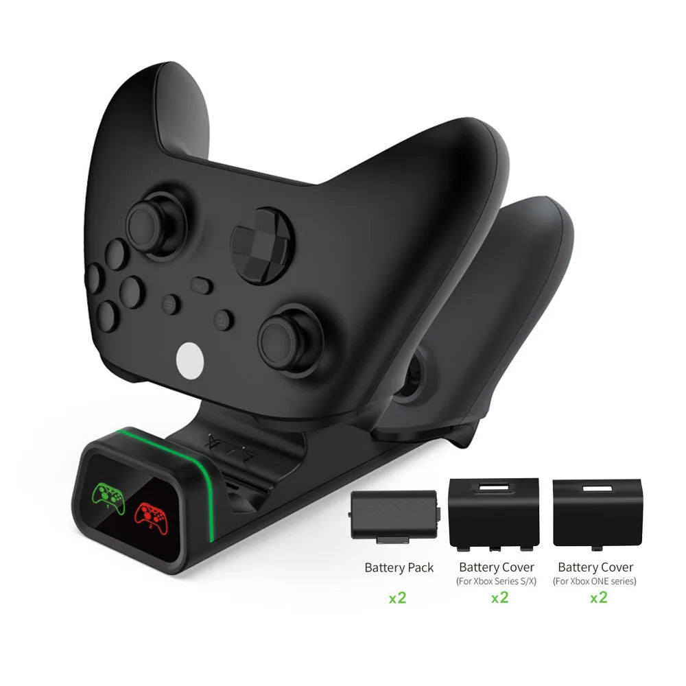 Xbox dual charging station with two controllers on ABS base, black colour, with Micro USB cable and battery packs