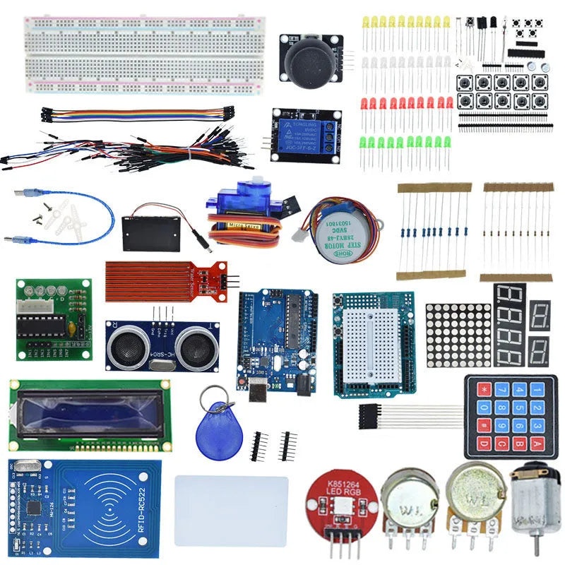 Arduino Uno R3 Starter Kit with white storage box, RFID module, and electronic components