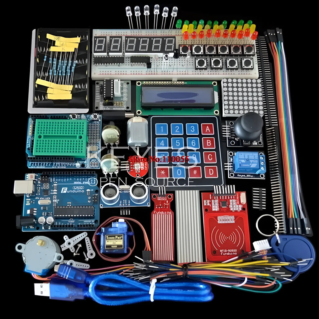 Arduino Uno R3 Starter Kit with white storage box, RFID module, and electronic components