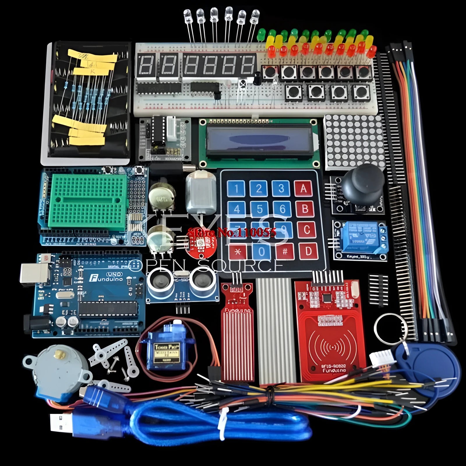 Arduino Uno R3 Starter Kit with white storage box, RFID module, and electronic components