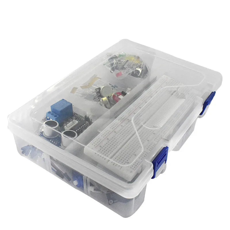 Arduino Uno R3 Starter Kit with white storage box, RFID module, and electronic components