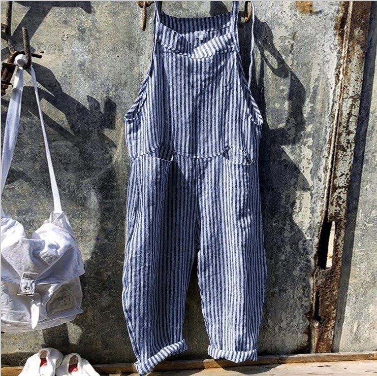 Women's striped bib jumpsuit with pockets, loose wide-leg summer fashion