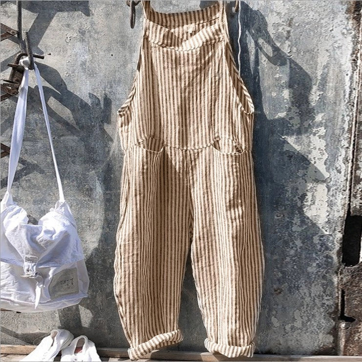 Women's striped bib jumpsuit with pockets, loose wide-leg summer fashion