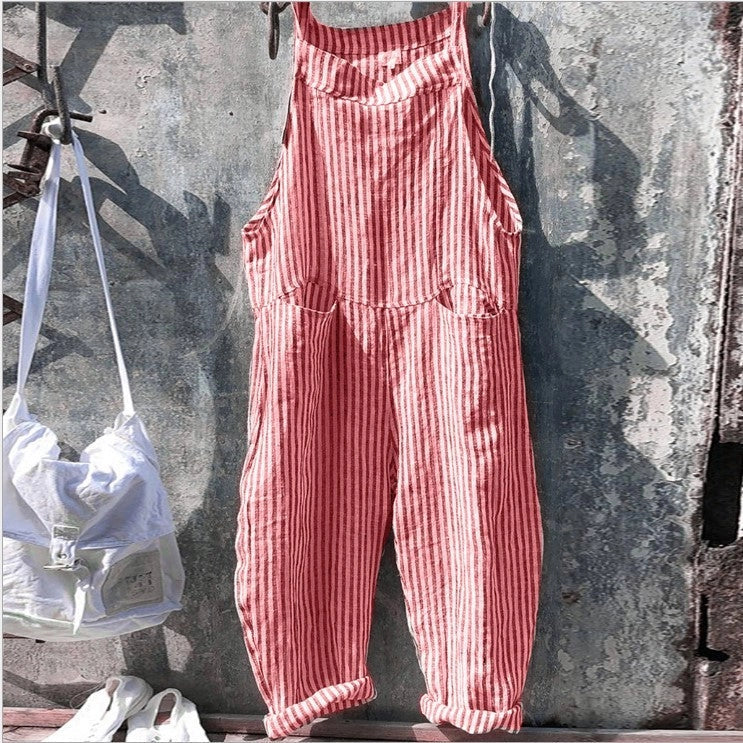 Women's striped bib jumpsuit with pockets, loose wide-leg summer fashion