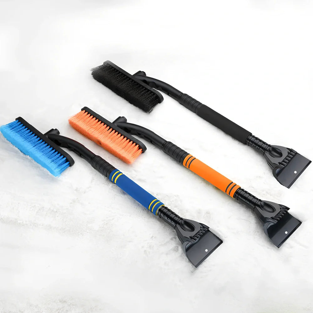 Black extendable car snow brush with orange ice scraper detached, 80cm length for windscreen cleaning