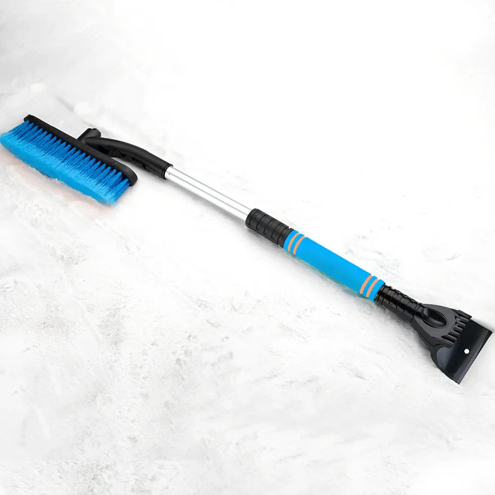 Black extendable car snow brush with orange ice scraper detached, 80cm length for windscreen cleaning