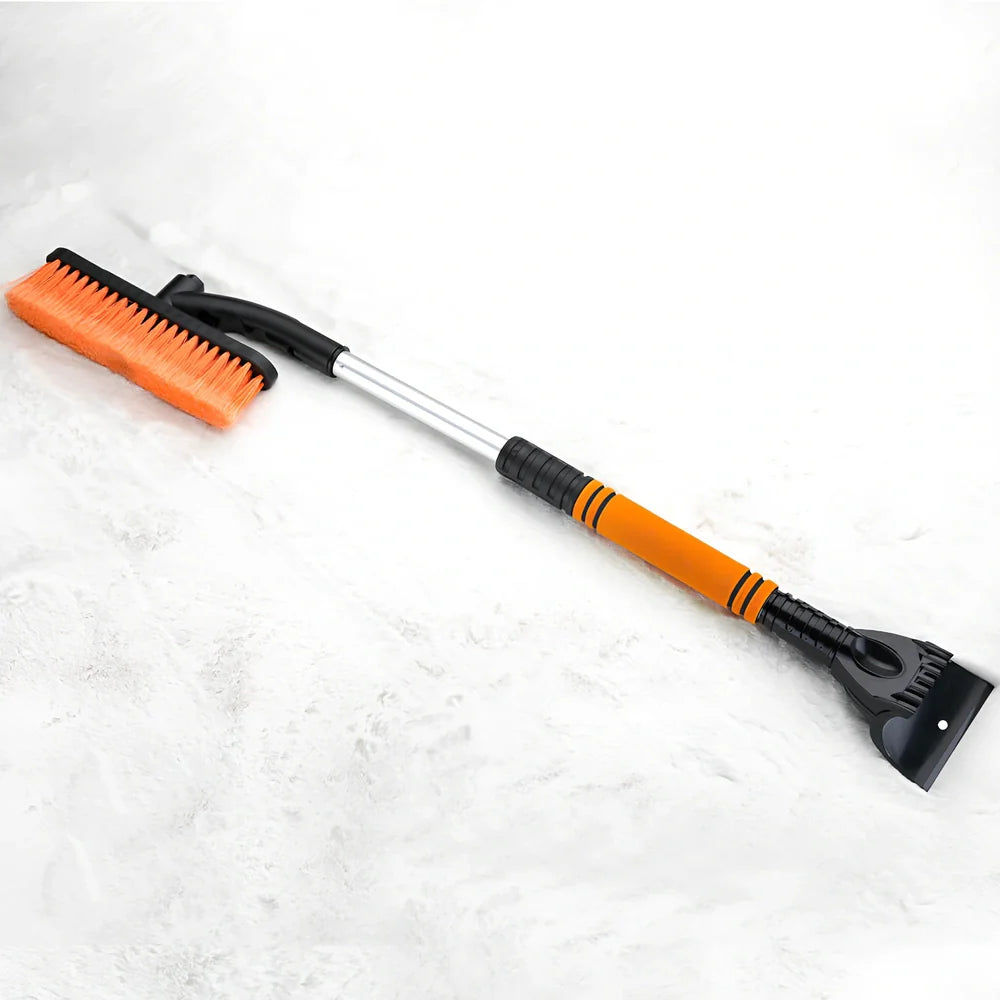 Black extendable car snow brush with orange ice scraper detached, 80cm length for windscreen cleaning