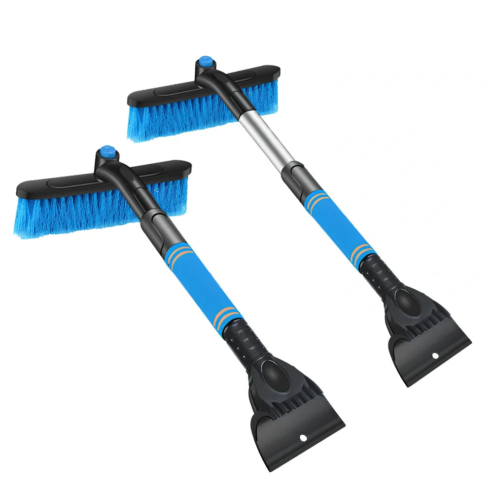 Black extendable car snow brush with orange ice scraper detached, 80cm length for windscreen cleaning