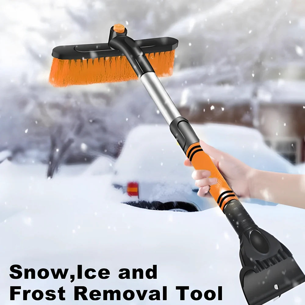 Black extendable car snow brush with orange ice scraper detached, 80cm length for windscreen cleaning