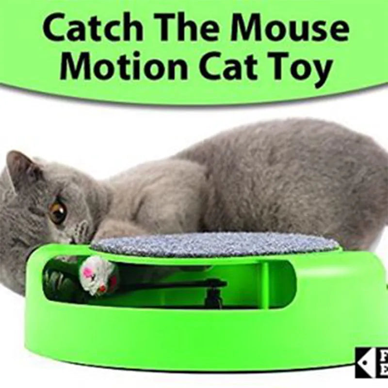 Green plastic mouse cat toy with scratch board surface on a flat surface