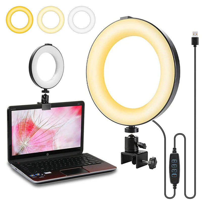 Clip-on lighting device with circular design for soft, even illumination during video calls and photography