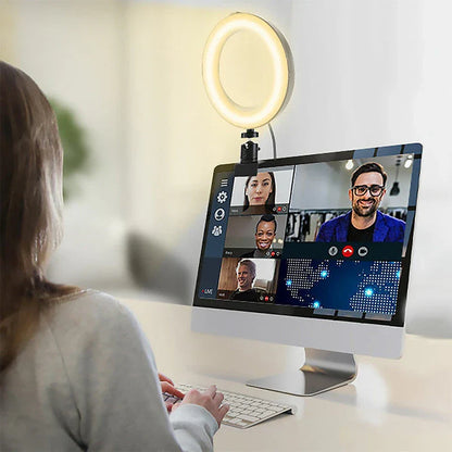 Clip-on lighting device with circular design for soft, even illumination during video calls and photography