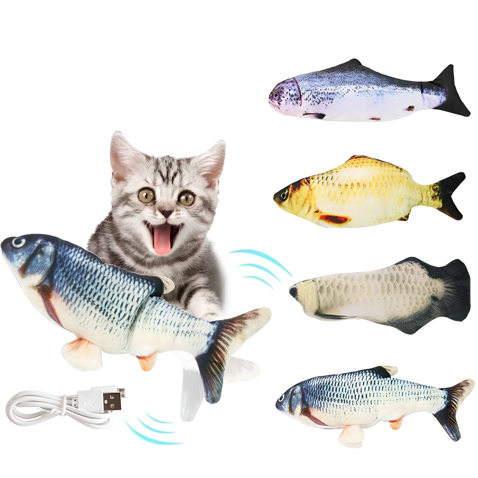 Electric flopping fish cat toy in clownfish design, 30cm long, USB rechargeable with touch sensor for play activation