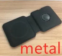 White foldable magnetic wireless charging dock showing two phones charging simultaneously at an angle.