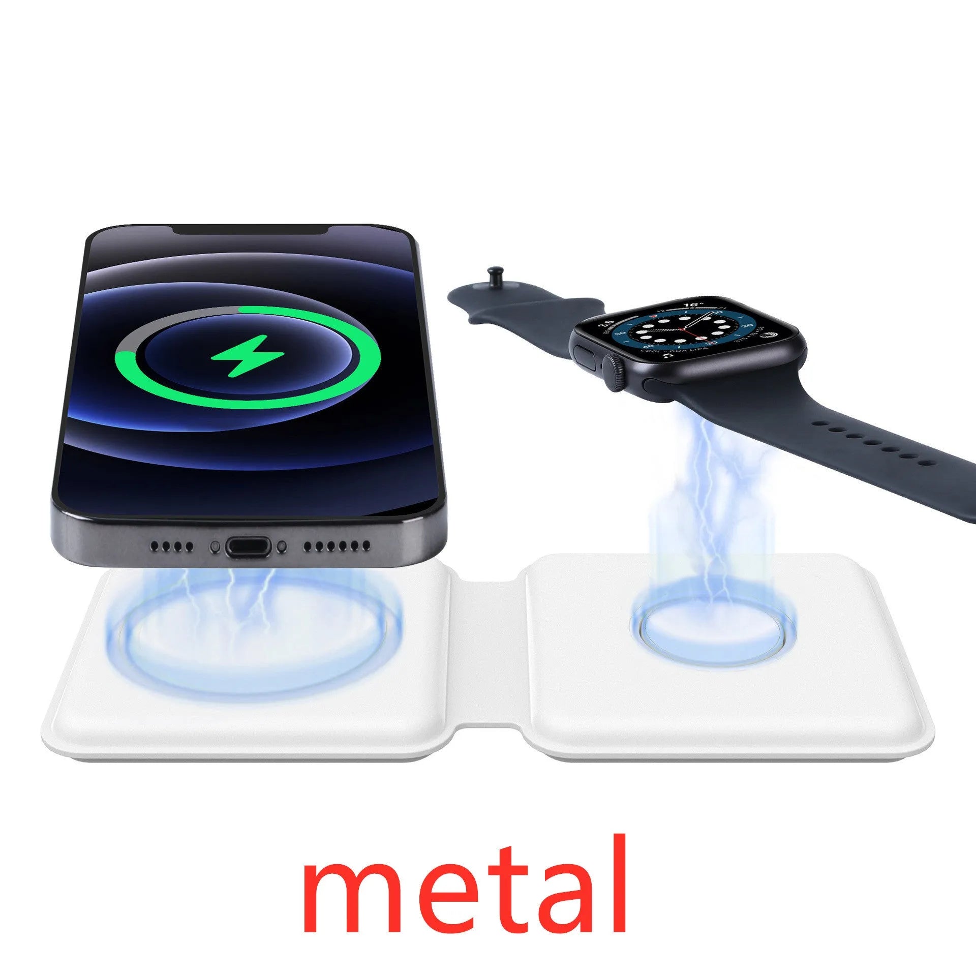 White foldable magnetic wireless charging dock showing two phones charging simultaneously at an angle.