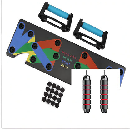Black 9-in-1 Push-Up Rack Edge with colour-coded plates and silicone handles for upper body training, 60 x 18.5 x 2 cm size