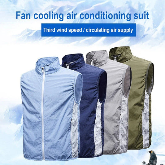 USB charging fan cooling vest in blue, light blue, grey, and green
