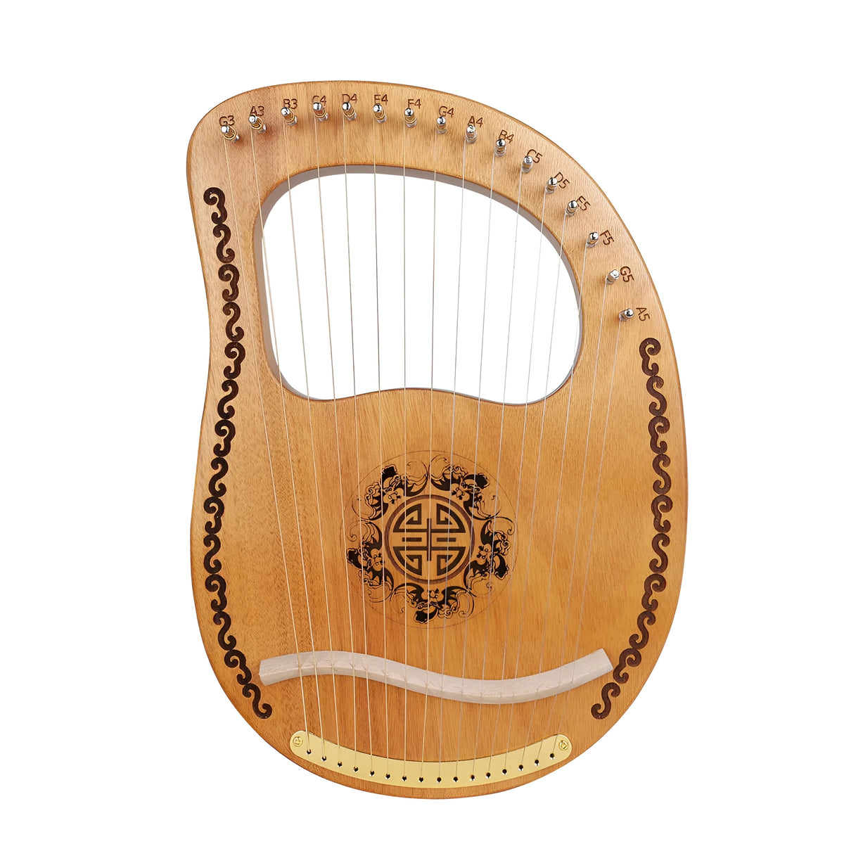Small mahogany harp 37x26.2x3.2cm original wood colour with strings and tuning wrench on box
