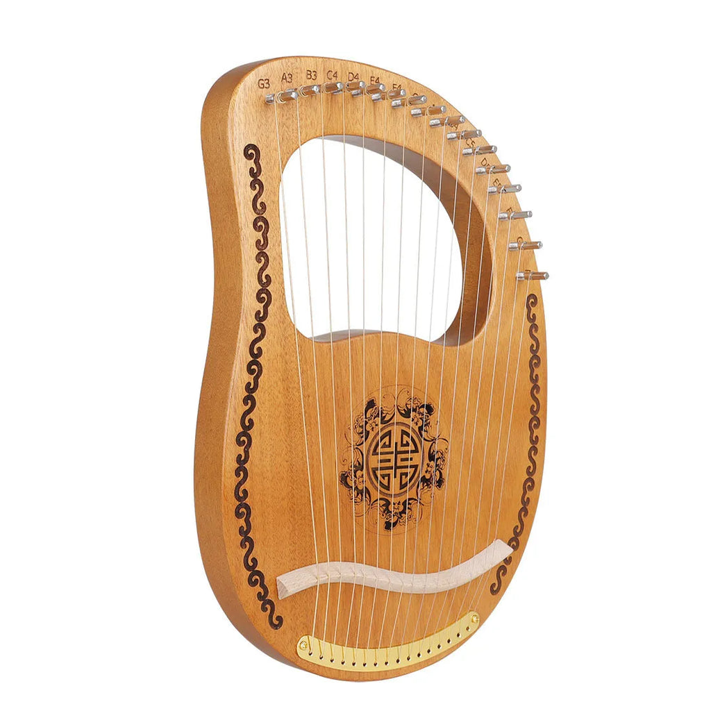 Small mahogany harp 37x26.2x3.2cm original wood colour with strings and tuning wrench on box
