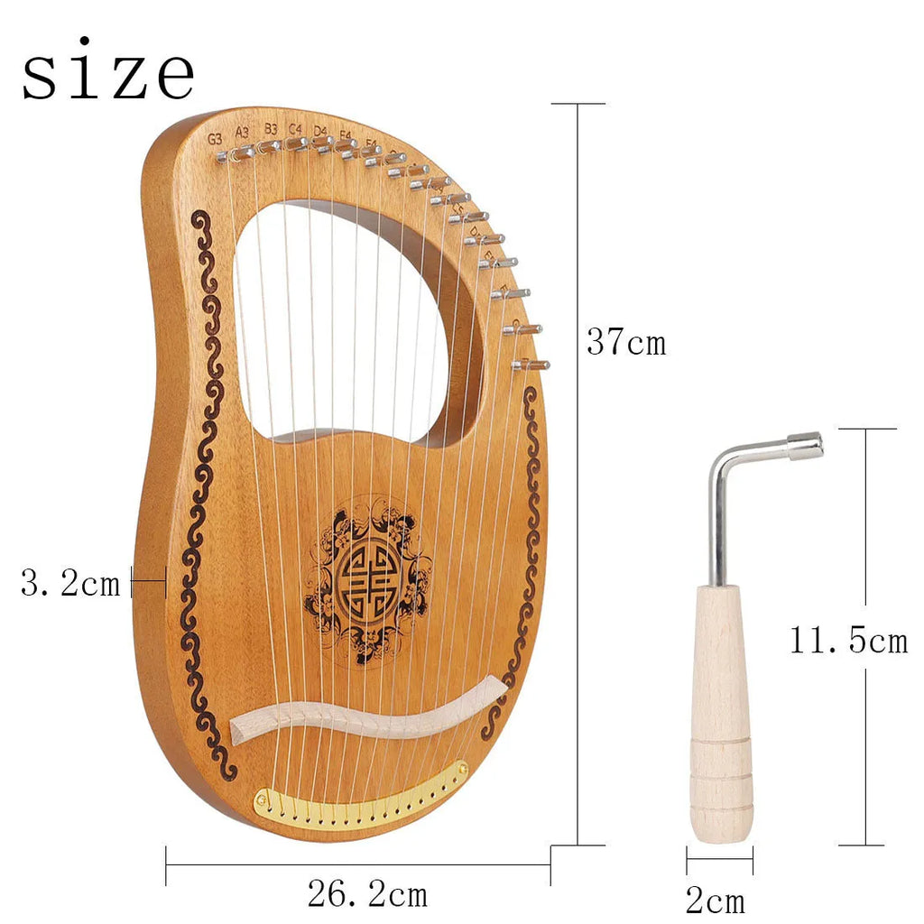 Small mahogany harp 37x26.2x3.2cm original wood colour with strings and tuning wrench on box