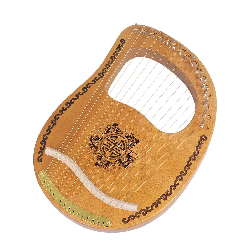 Small mahogany harp 37x26.2x3.2cm original wood colour with strings and tuning wrench on box
