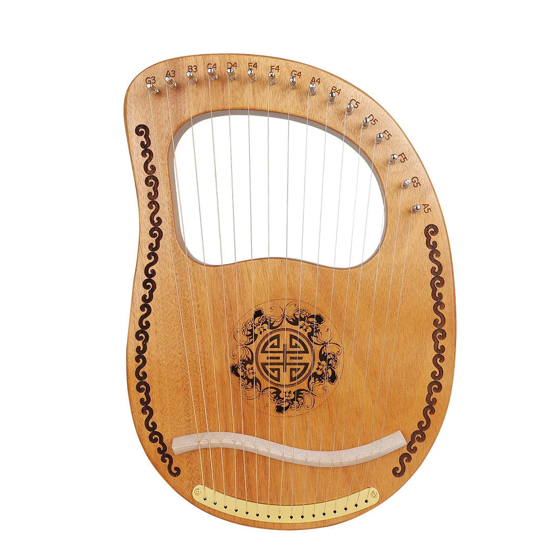 Small mahogany harp 37x26.2x3.2cm original wood colour with strings and tuning wrench on box