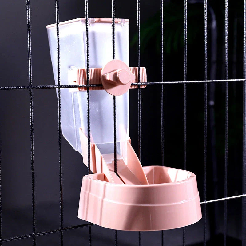 Adjustable hanging pet feeder bowl for cats, dogs, and birds in grey, pink, and blue