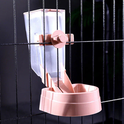 Adjustable hanging pet feeder bowl for cats, dogs, and birds in grey, pink, and blue