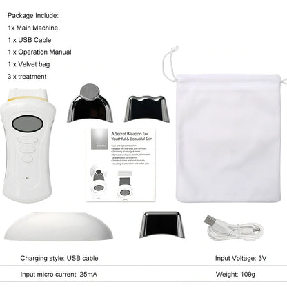 White Absorbs Beauty Instrument with LCD display and three heads, 21 cm long for microcurrent skin treatment