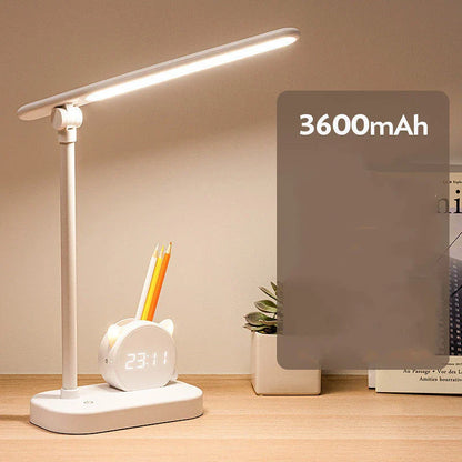 LED desk lamp with clock, USB charging, and pen holder in sleek design