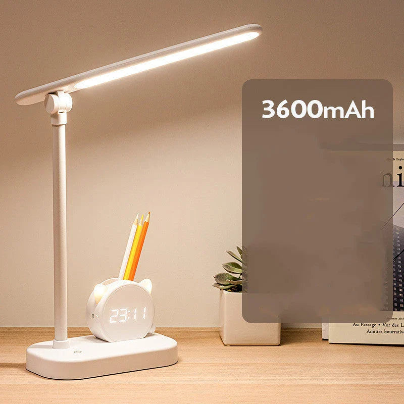 A versatile LED desk lamp with adjustable lighting, a built-in clock, and a pen holder for convenient organization.