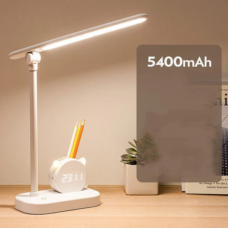 A versatile LED desk lamp with adjustable lighting, a built-in clock, and a pen holder for convenient organization.